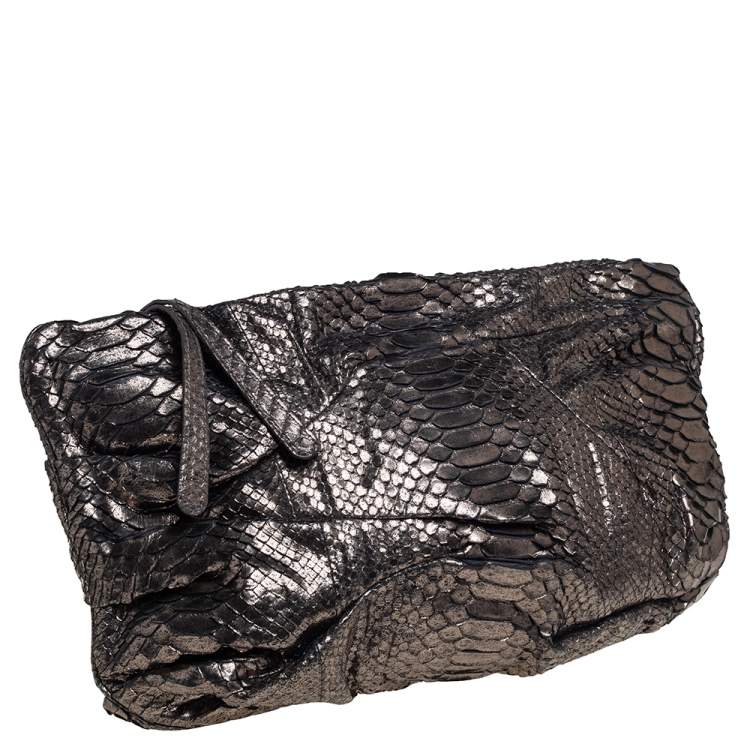 Pre Owned Zagliani Metallic Silver Python Oversized Clutch