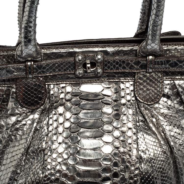 Pre Owned Zagliani Metallic Silver Python Puffy Hobo
