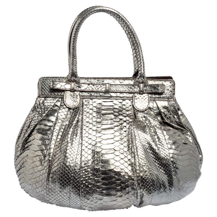 Pre Owned Zagliani Metallic Silver Python Puffy Hobo