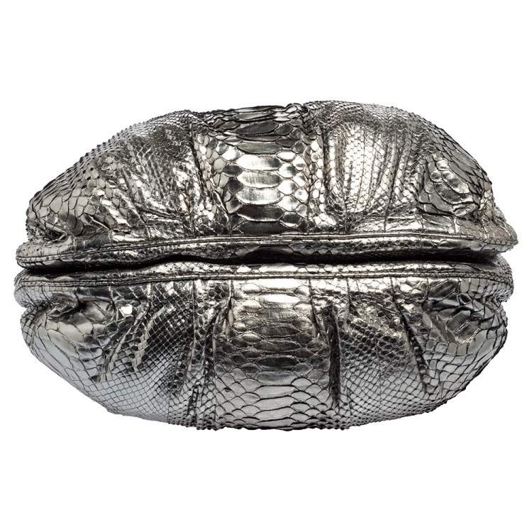 Pre Owned Zagliani Metallic Silver Python Puffy Hobo