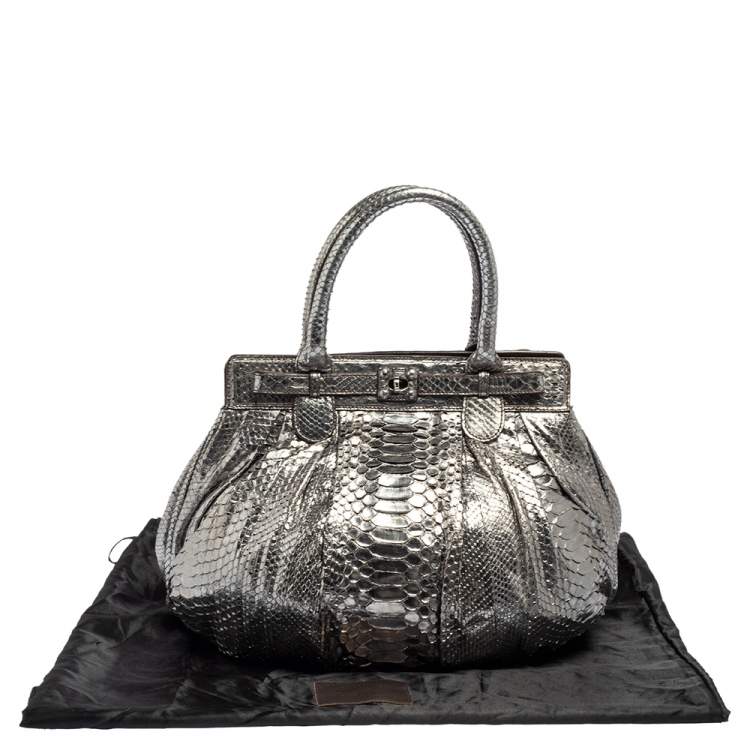 Pre Owned Zagliani Metallic Silver Python Puffy Hobo