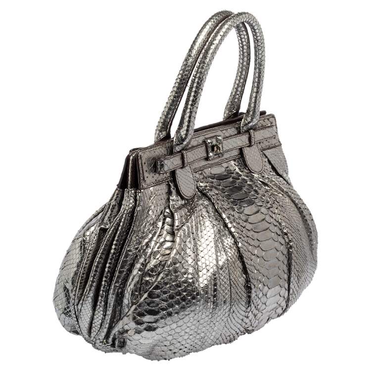 Pre Owned Zagliani Metallic Silver Python Puffy Hobo