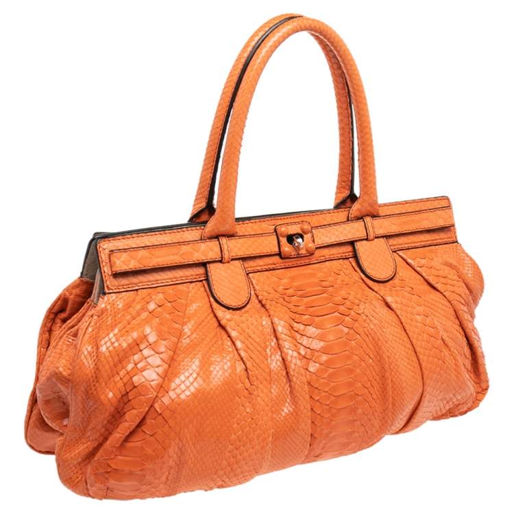 Pre Owned Zagliani Orange Python Leather Puffy Satchel