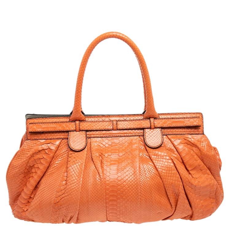 Pre Owned Zagliani Orange Python Leather Puffy Satchel