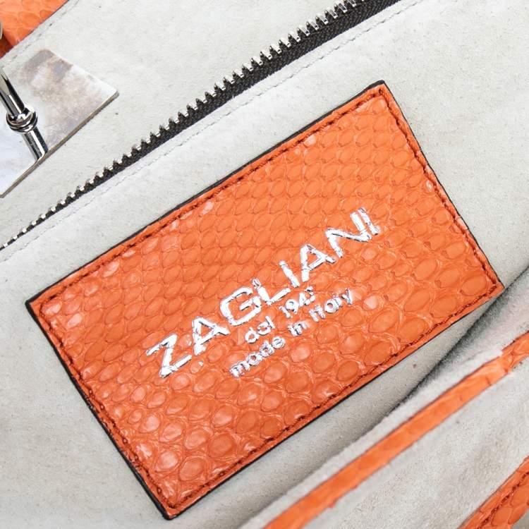 Pre Owned Zagliani Orange Python Leather Puffy Satchel