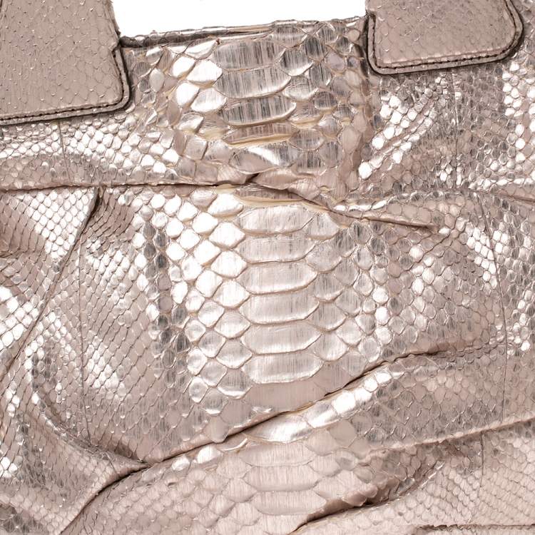 Pre Owned Zagliani Metallic Rose Gold Python Leather Satchel