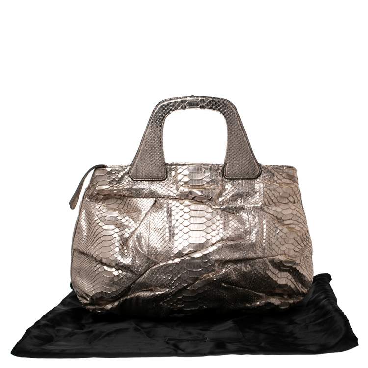 Pre Owned Zagliani Metallic Rose Gold Python Leather Satchel