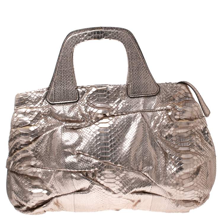 Pre Owned Zagliani Metallic Rose Gold Python Leather Satchel