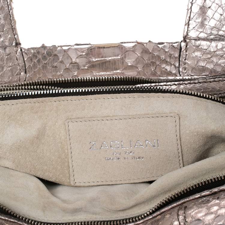 Pre Owned Zagliani Metallic Rose Gold Python Leather Satchel