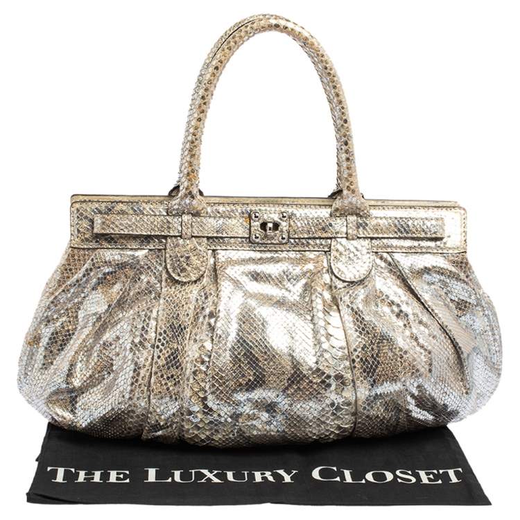 Pre Owned Zagliani Metallic Silver/Gold Python Puffy Satchel