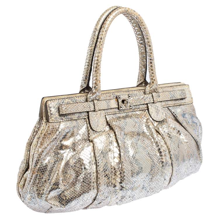 Pre Owned Zagliani Metallic Silver/Gold Python Puffy Satchel