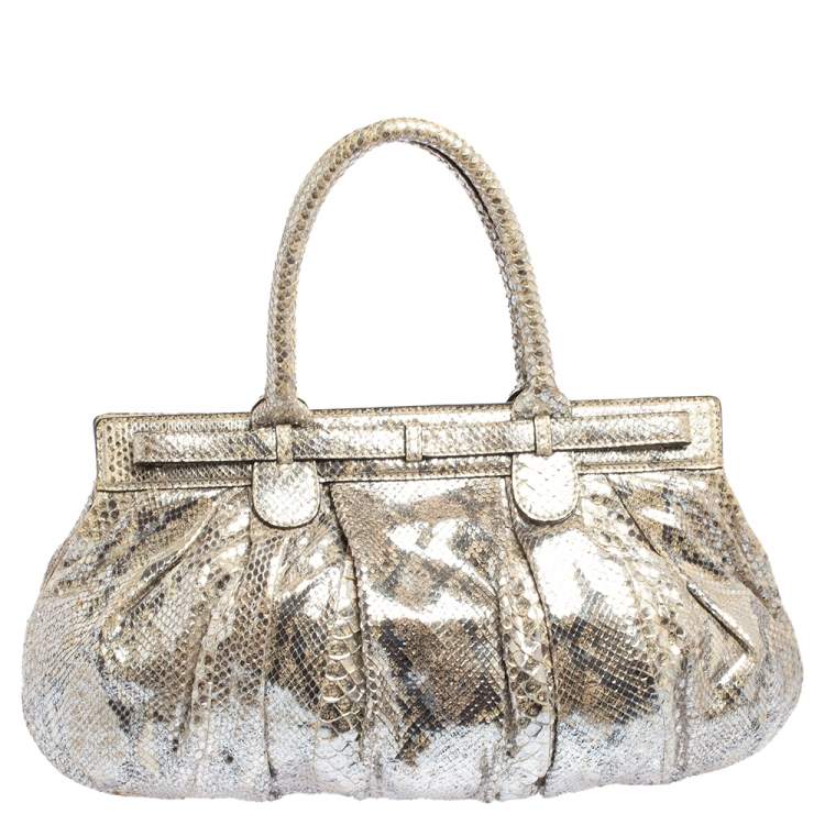 Pre Owned Zagliani Metallic Silver/Gold Python Puffy Satchel