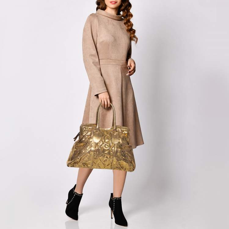 Pre Owned Zagliani Metallic Gold Python Top Zip Tote