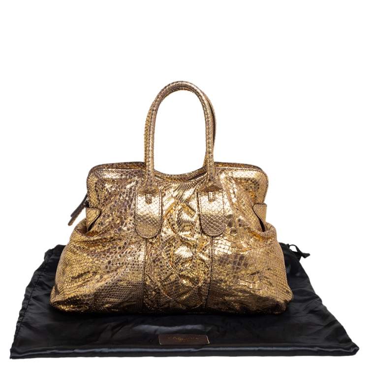 Pre Owned Zagliani Metallic Gold Python Top Zip Tote