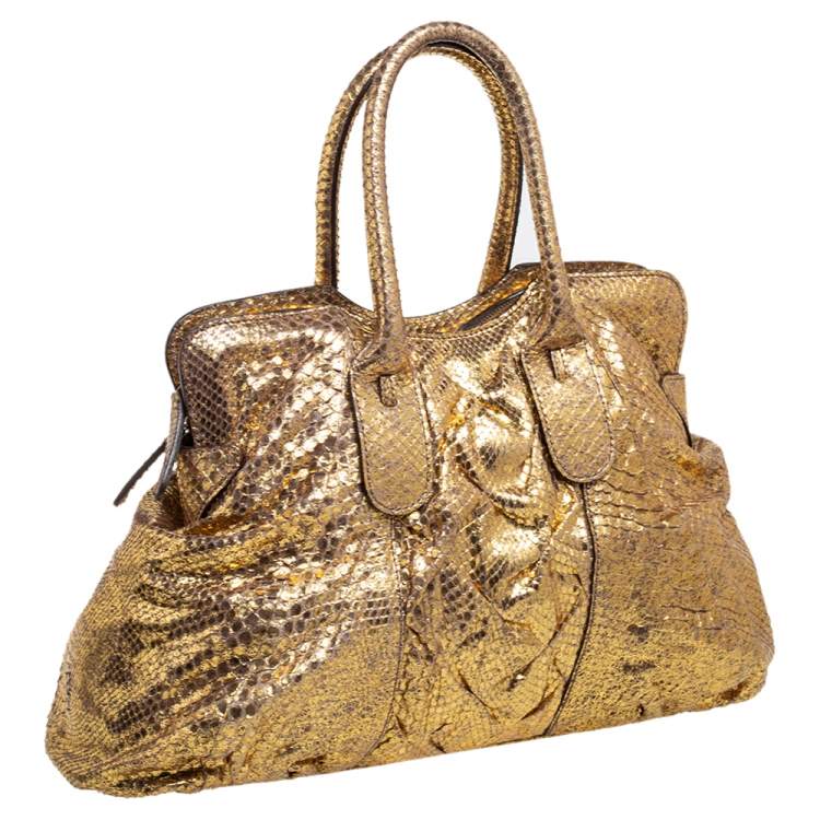 Pre Owned Zagliani Metallic Gold Python Top Zip Tote