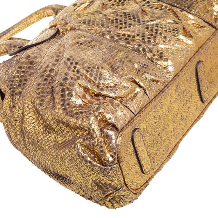 Pre Owned Zagliani Metallic Gold Python Top Zip Tote