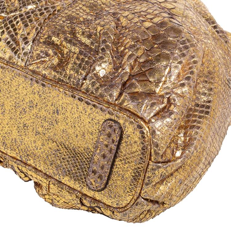 Pre Owned Zagliani Metallic Gold Python Top Zip Tote