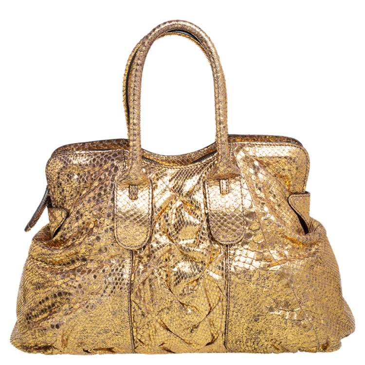 Pre Owned Zagliani Metallic Gold Python Top Zip Tote
