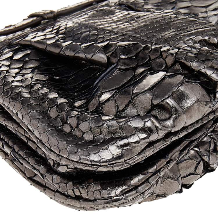 Pre Owned Zagliani Metallic Gunmetal Python Leather Clutch 