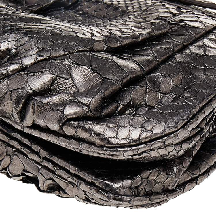 Pre Owned Zagliani Metallic Gunmetal Python Leather Clutch 