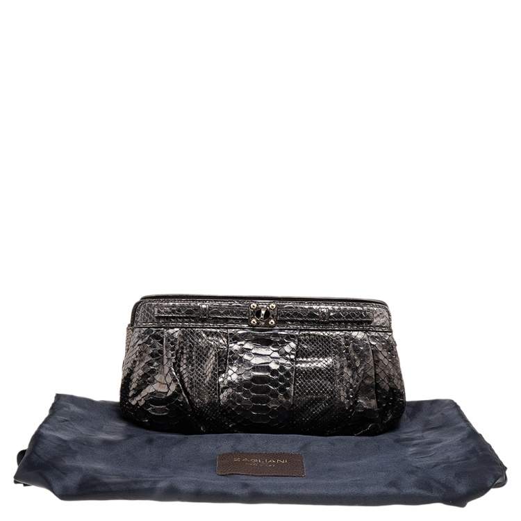 Pre Owned Zagliani Metallic Gunmetal Python Leather Clutch 