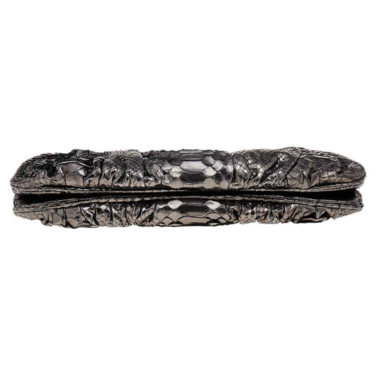 Pre Owned Zagliani Metallic Gunmetal Python Leather Clutch 