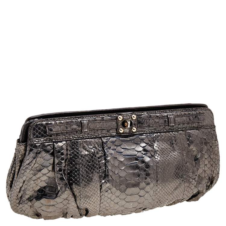 Pre Owned Zagliani Metallic Gunmetal Python Leather Clutch 