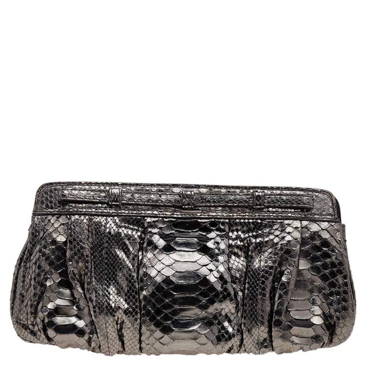 Pre Owned Zagliani Metallic Gunmetal Python Leather Clutch 