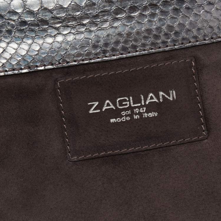 Pre Owned Zagliani Metallic Grey Python Leather Chain Shoulder Bag