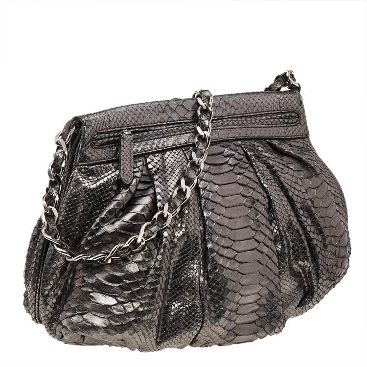 Pre Owned Zagliani Metallic Grey Python Leather Chain Shoulder Bag