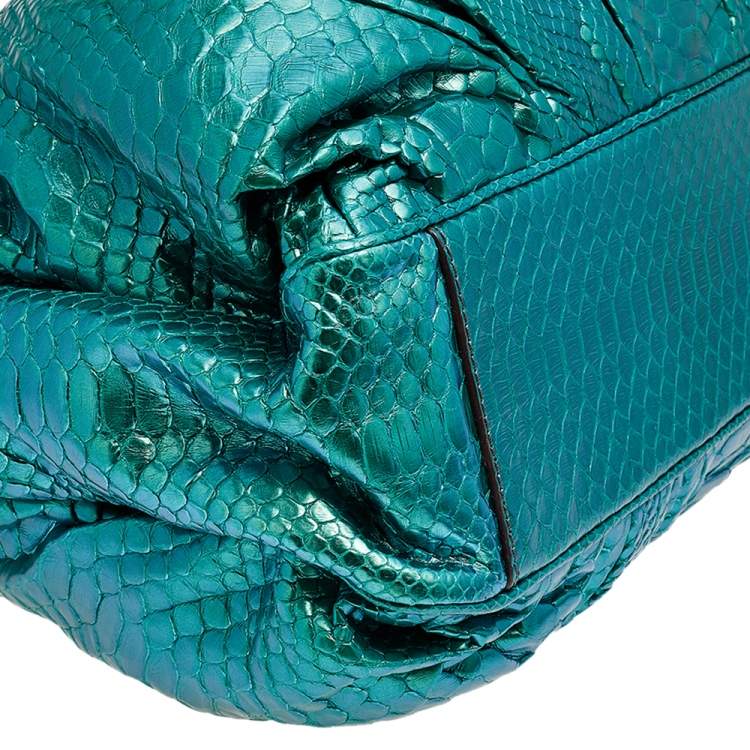 Pre Owned Zagliani Metallic Green Python Top Zip Tote