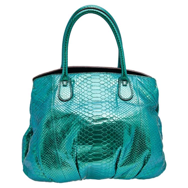 Pre Owned Zagliani Metallic Green Python Top Zip Tote