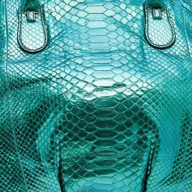 Pre Owned Zagliani Metallic Green Python Top Zip Tote