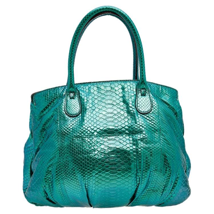 Pre Owned Zagliani Metallic Green Python Top Zip Tote