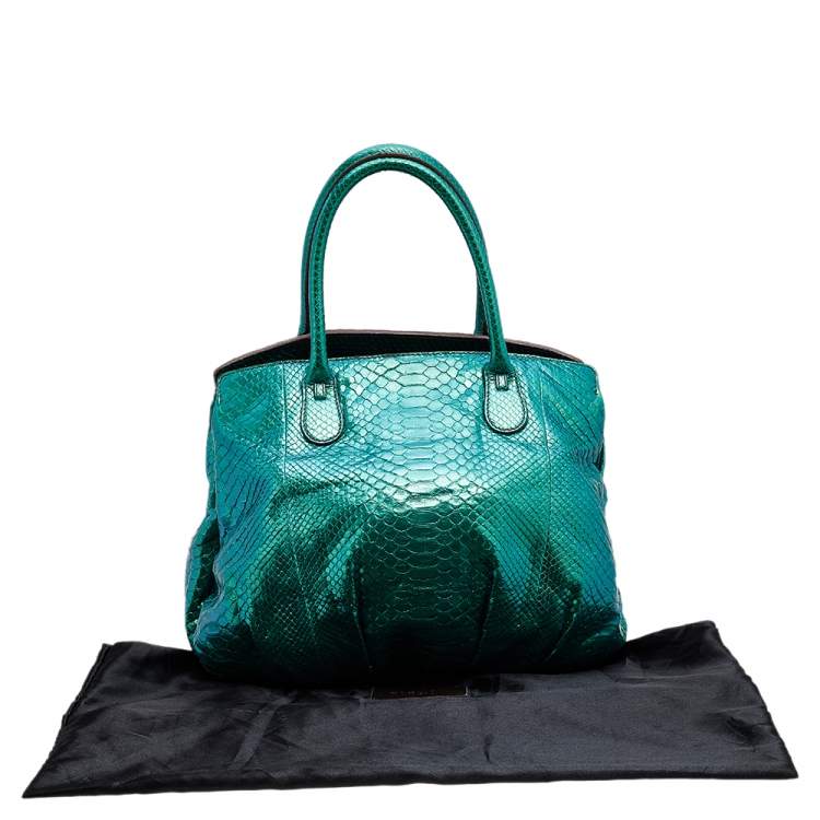 Pre Owned Zagliani Metallic Green Python Top Zip Tote