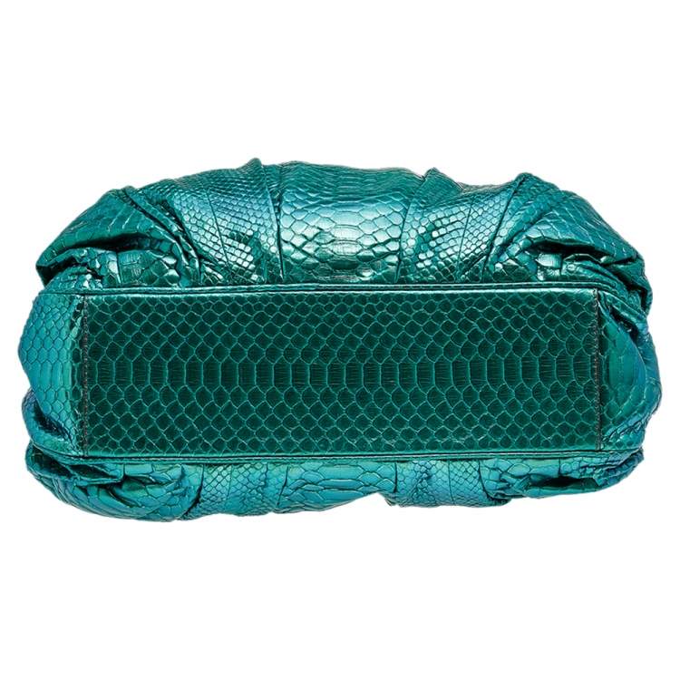 Pre Owned Zagliani Metallic Green Python Top Zip Tote