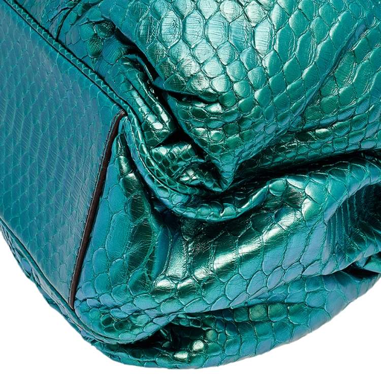 Pre Owned Zagliani Metallic Green Python Top Zip Tote