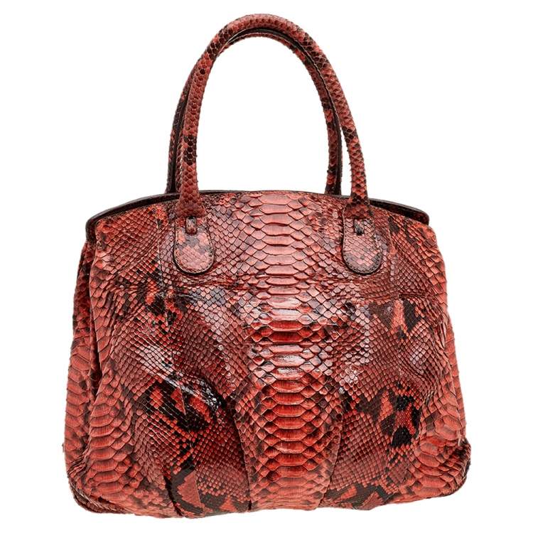 Pre Owned Zagliani Orange Python Top Zip Tote