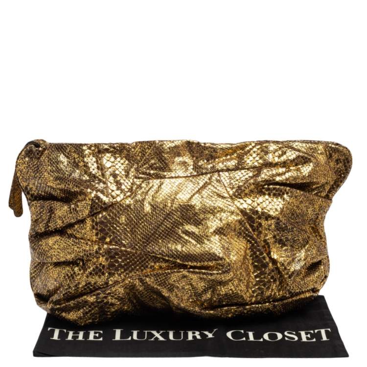 Pre Owned Zagliani Metallic Gold Python Oversized Clutch