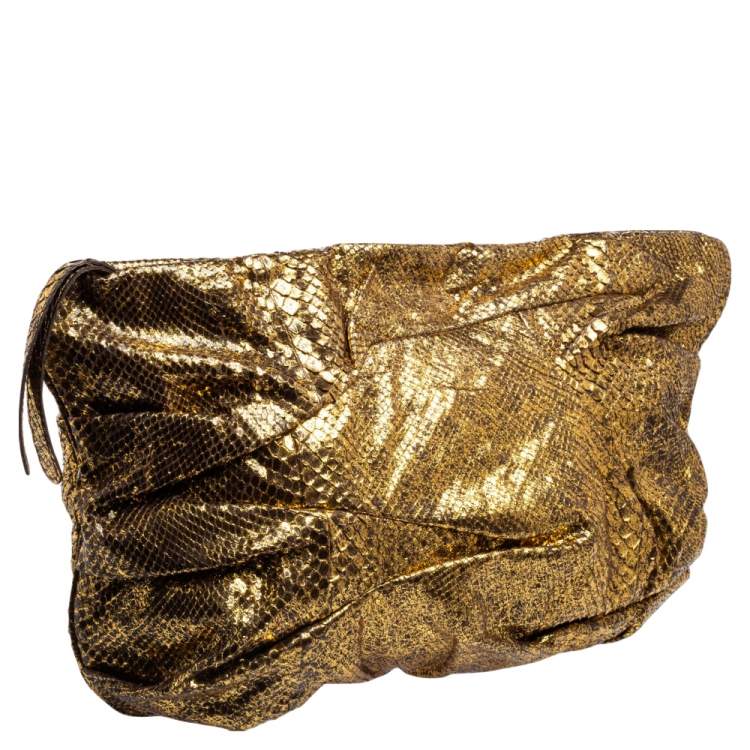 Pre Owned Zagliani Metallic Gold Python Oversized Clutch
