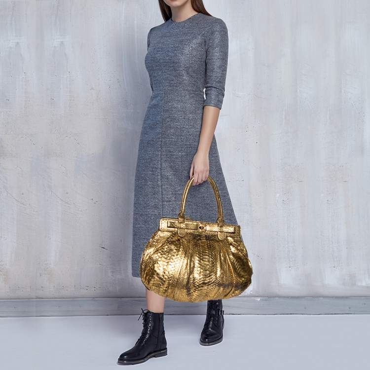 Pre Owned Zagliani Gold Python Puffy Hobo