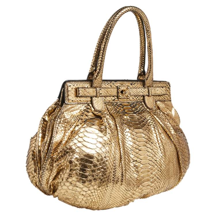 Pre Owned Zagliani Gold Python Puffy Hobo