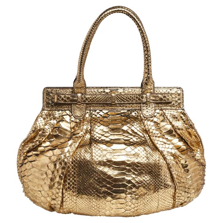 Pre Owned Zagliani Gold Python Puffy Hobo