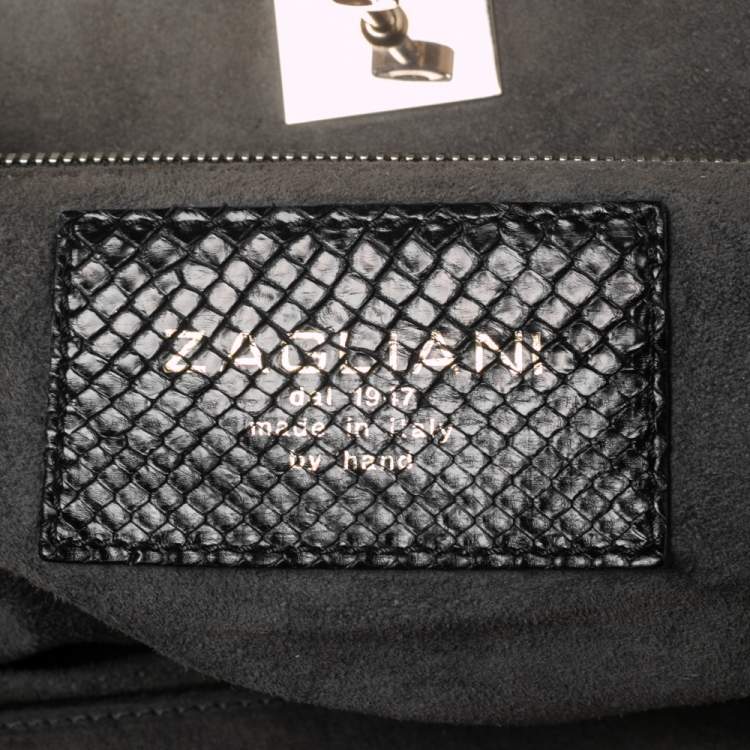 Pre Owned Zagliani Mettalic Black Python Puffy Hobo