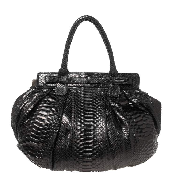 Pre Owned Zagliani Mettalic Black Python Puffy Hobo