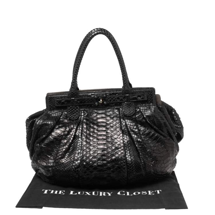 Pre Owned Zagliani Mettalic Black Python Puffy Hobo