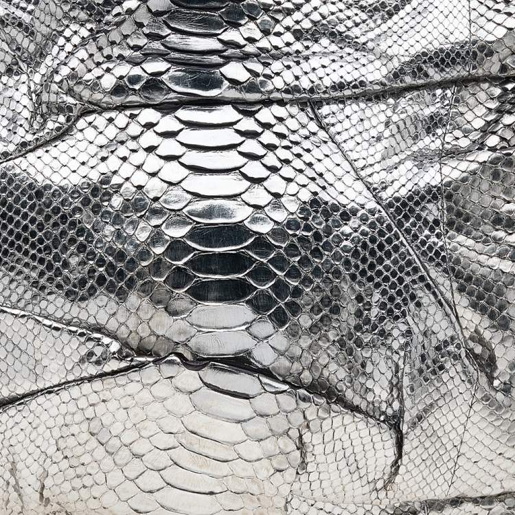 Pre Owned Zagliani Metallic Silver Python Leather Oversized Clutch