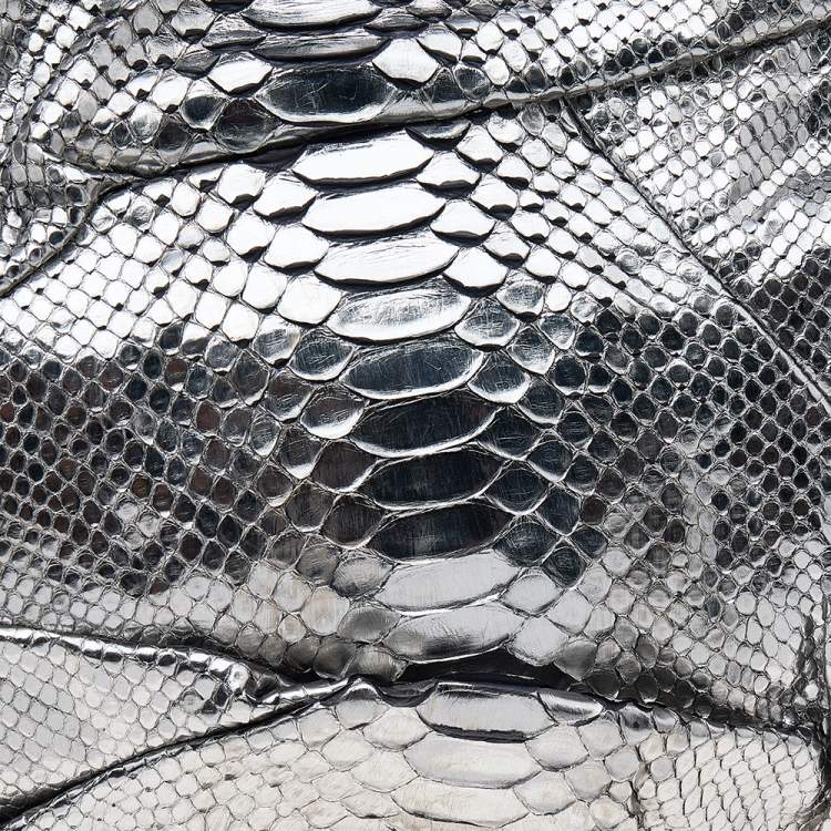 Pre Owned Zagliani Metallic Silver Python Leather Oversized Clutch