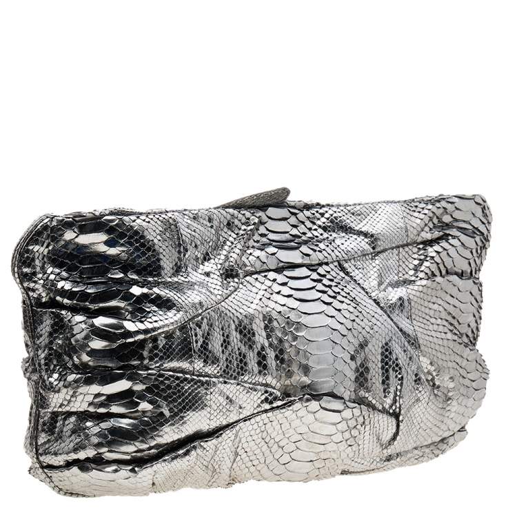 Pre Owned Zagliani Metallic Silver Python Leather Oversized Clutch