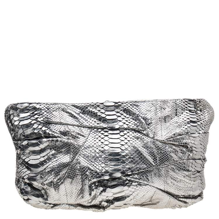 Pre Owned Zagliani Metallic Silver Python Leather Oversized Clutch